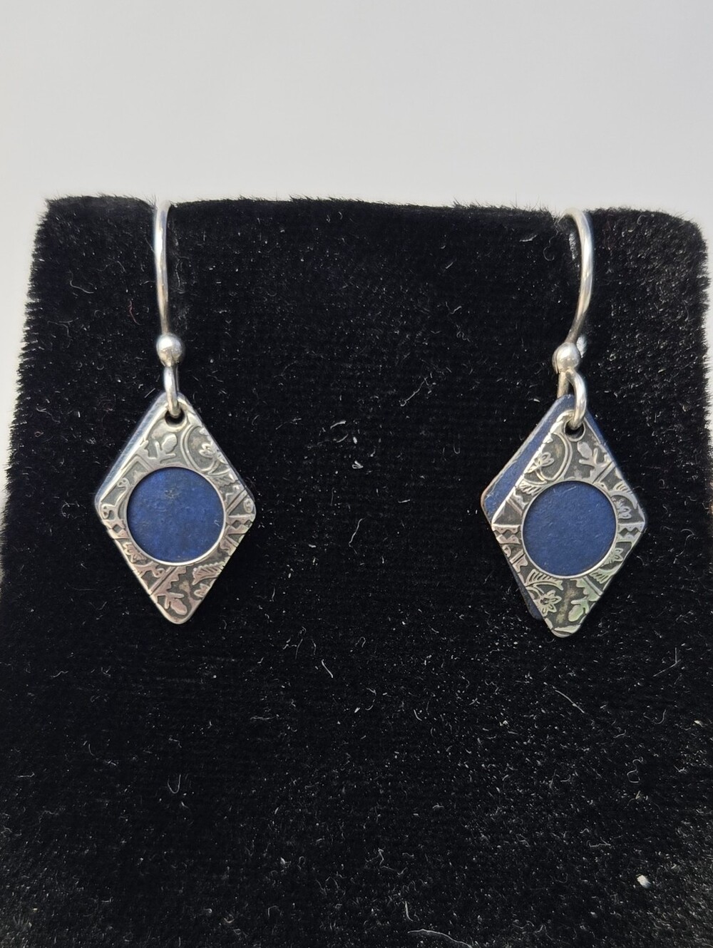 Artisan Made Silver And Navy Drop Earrings with Floral Design